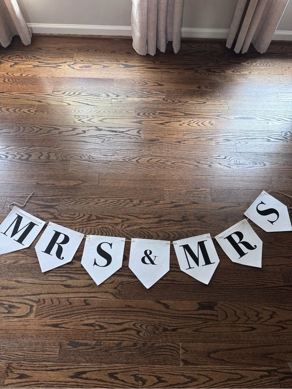 Mrs & Mrs White Wedding Banner Garland - Elegant Black Lettering